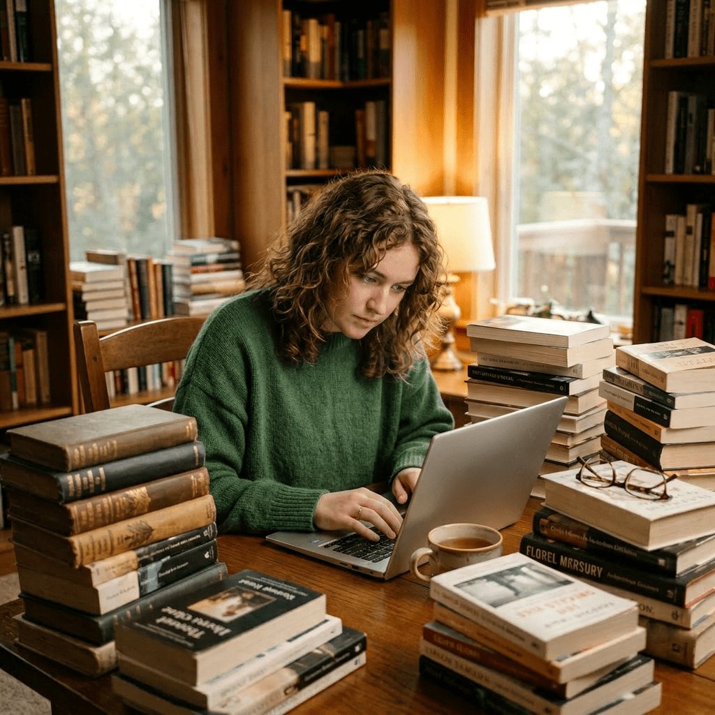 Young woman writing in notebook at a wooden table surrounded by many stacks of books