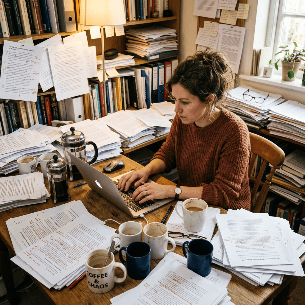 Student working on a laptop at a desk covered with papers and coffee